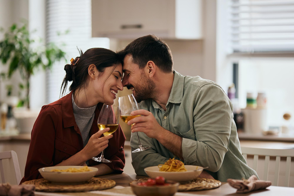 Un couple partage un moment complice autour d’un repas à la maison
