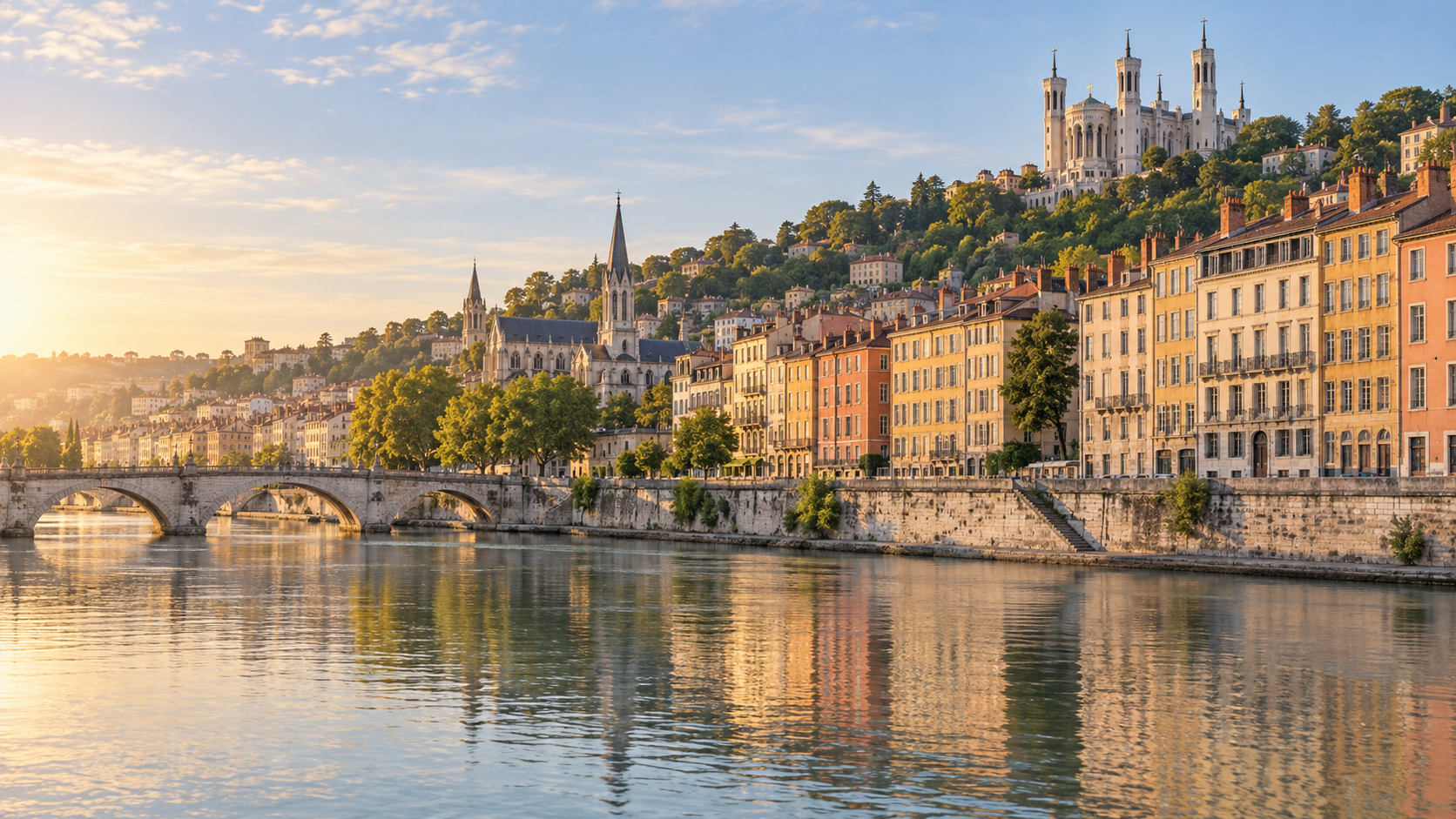 Évocation paysagère de Lyon et de ses quais, sans personnages